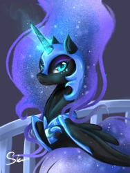 Size: 768x1024 | Tagged: safe, artist:midna77, nightmare moon, alicorn, pony, g4, blue eyes, blue mane, female, flowing mane, folded wings, glowing horn, helmet, horn, looking at you, signature, smiling, solo, wings