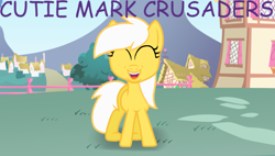 Size: 2289x1297 | Tagged: safe, artist:sandrahargrooves, sunny daze, earth pony, pony, series:cutie mark crusaders, g4, adorabledaze, background pony, cute, eyes closed, female, filly, funny, funny face, giggling, laughing, ponyville, shadow, silly, silly face, solo, title