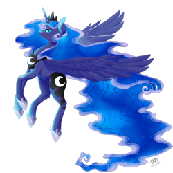 Size: 838x838 | Tagged: safe, artist:innanistacet, princess luna, alicorn, pony, g4, blue mane, crown, ethereal mane, female, flowing mane, flowing tail, flying, hoof shoes, horn, jewelry, regalia, signature, simple background, solo, spread wings, starry mane, transparent background, wings