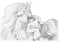 Size: 3507x2480 | Tagged: safe, artist:fladdrarblyg, princess celestia, princess luna, alicorn, pony, g4, black and white, crown, cute, cutelestia, eyes closed, female, flowing mane, folded wings, grayscale, high res, horn, jewelry, lunabetes, monochrome, regalia, royal sisters, siblings, signature, simple background, sisters, smiling, traditional art, white background, wings