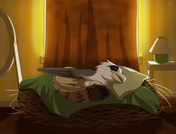 Size: 2613x2000 | Tagged: safe, artist:alittleofsomething, oc, oc:grimm tales, griffon, bedroom, griffon oc, high res, male, mirror, nest, sleeping, solo