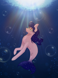 Size: 768x1024 | Tagged: safe, artist:delfinaluther, oc, oc only, earth pony, pony, seapony (g4), bubble, crepuscular rays, eye scar, female, fish tail, flowing mane, heterochromia, looking up, ocean, scar, seaponified, signature, solo, species swap, sunlight, tail, underwater, water