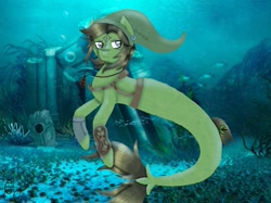 Size: 1295x968 | Tagged: safe, artist:artsoftherose, oc, oc only, fish, seapony (g4), coral, crepuscular rays, dorsal fin, ear piercing, earring, elf hat, fish tail, gray eyes, hat, jewelry, link, link's hat, male, necklace, ocean, piercing, seaponified, seaweed, solo, species swap, tail, the legend of zelda, underwater, water