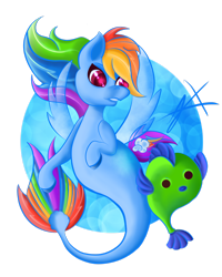 Size: 2190x2738 | Tagged: safe, artist:xenyu, rainbow dash, fish, pegasus, pony, seapony (g4), g4, bubble, dorsal fin, female, fin wings, fish tail, flowing mane, high res, multicolored hair, ocean, pink eyes, seaponified, seapony rainbow dash, signature, simple background, solo, species swap, tail, transparent background, underwater, water, wings