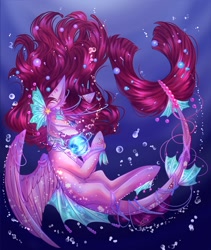 Size: 1600x1900 | Tagged: safe, artist:rainbowmoon2512, oc, oc only, merpony, pegasus, pony, bubble, crepuscular rays, dorsal fin, ear fluff, eyelashes, eyes closed, female, fins, fish tail, flowing mane, flowing tail, glowing, jewelry, necklace, ocean, orb, pearl necklace, pink mane, signature, solo, species swap, tail, underwater, water, wings