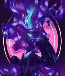 Size: 1200x1400 | Tagged: safe, artist:rainbowmoon2512, princess luna, alicorn, pony, g4, blue eyes, blue mane, crown, ethereal mane, female, flowing mane, glowing, glowing horn, horn, jewelry, necklace, open mouth, regalia, signature, simple background, smiling, solo, sparkles, starry mane, stars, tail, wingding eyes, wings