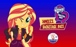 Size: 1599x999 | Tagged: safe, artist:spidey-gamer-crack, sunset shimmer, equestria girls, equestria girls series, g4, sunset's backstage pass!, spoiler:eqg series (season 2), chgb record, clothes, equestria girls logo, festival, jacket, one eye closed, wallpaper, wink