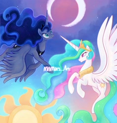Size: 1848x1951 | Tagged: safe, artist:mn27, princess celestia, princess luna, alicorn, pony, g4, crescent moon, day, duo, female, flying, mare, moon, night, profile, royal sisters, siblings, sisters, spread wings, sun, wings