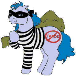 Size: 300x302 | Tagged: safe, artist:the land of bliss, oc, oc only, oc:bad traders pony, earth pony, pony, g1, bag, clothes, earth pony oc, eye mask, female, g1 oc, geocities, gif, holding, lowres, mare, mask, non-animated gif, sack, shirt, simple background, solo, striped shirt, transparent background