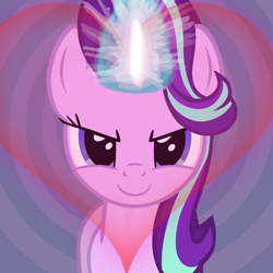 Size: 1000x1000 | Tagged: safe, artist:evilenchantress, starlight glimmer, pony, g4, evil grin, glowing horn, heart, horn, hypnosis, looking at you, magic, smiling, solo