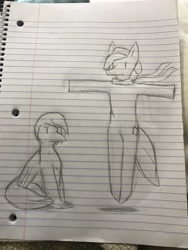 Size: 3024x4032 | Tagged: safe, artist:wingtip, oc, oc only, oc:apex soundwave, oc:shyr, avian, bird, earth pony, pony, asserting dominance, clothes, duo, male, meme, scarf, sketch, stallion, t pose, traditional art