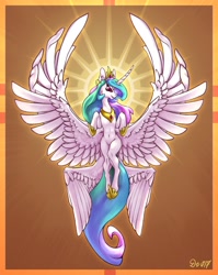 Size: 3262x4096 | Tagged: safe, artist:danton-y17, princess celestia, alicorn, pony, seraph, g4, angelic, backlighting, female, flying, four wings, halo, mare, multiple wings, signature, smiling, solo, spread wings, sun, wings