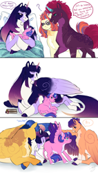 Size: 1700x3000 | Tagged: safe, artist:theartfox2468, fizzlepop berrytwist, flash sentry, moondancer, tempest shadow, twilight sparkle, oc, oc:dawn light, oc:estella sparkle, alicorn, pegasus, pony, unicorn, g4, alicorn oc, alternate hairstyle, baby, body scar, book, brother and sister, colt, comic, confused, eye scar, eyes closed, father and child, father and daughter, father and son, female, filly, glasses, horn, leonine tail, male, mare, markings, mother and child, mother and daughter, mother and son, offspring, parent:flash sentry, parent:twilight sparkle, parents:flashlight, pillow, prosthetic horn, prosthetics, question mark, redesign, scar, ship:flashlight, shipping, siblings, simple background, stallion, straight, tempest gets her horn back, twilight sparkle (alicorn), unshorn fetlocks, wall of tags, white background, wings