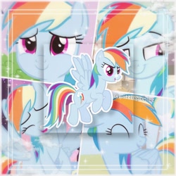 Size: 2560x2560 | Tagged: safe, edit, editor:wittleponiez, screencap, rainbow dash, pegasus, pony, g4, aesthetics, blue background, collage, cute, dashabetes, flying, happy, high res, instagram, photoshop, rainbow, simple background, smiling, sparkles, wings