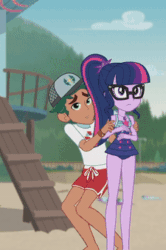 Size: 225x338 | Tagged: safe, screencap, sci-twi, sunset shimmer, timber spruce, twilight sparkle, equestria girls, equestria girls series, g4, unsolved selfie mysteries, animated, beach, blushing, cap, clothes, coward, cropped, duo focus, female, gif, glasses, hand on hip, hat, lifeguard timber, male, offscreen character, one-piece swimsuit, pathetic, sandals, sci-twi is not amused, sleeveless, swimsuit, trio, whistle