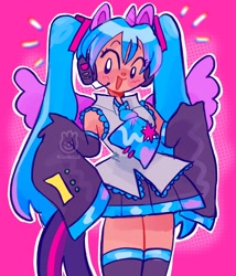 Size: 1750x2048 | Tagged: safe, artist:alexbeeza, human, anime, barely pony related, clothes, cosplay, costume, crossover, cute, cutie mark, detached sleeves, female, hairband, hatsune miku, headphones, necktie, open mouth, pegasister, pink background, shirt, simple background, skirt, solo, vocaloid