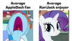Size: 640x360 | Tagged: safe, edit, edited screencap, screencap, rainbow dash, rarity, pegasus, pony, unicorn, g4, rarity takes manehattan, season 4, season 5, tanks for the memories, average enjoyer, average fan, average fan vs average enjoyer, caption, comparison, crying, female, image macro, implied appledash, implied applejack, implied lesbian, implied rarijack, implied shipping, mare, mawshot, meme, multicolored hair, multicolored mane, nose in the air, op is a duck, op is trying to start shit, open mouth, shipping, shipping denied, text, the truth, truth, uvula, volumetric mouth