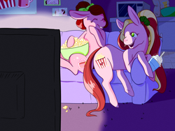 Size: 1800x1350 | Tagged: safe, artist:kirakiracalico, butter pop (g3), soda float, earth pony, pony, g3, bow, couch, duo, eyes closed, female, food, hair bow, indoors, mare, popcorn, smiling, television