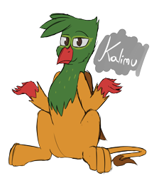 Size: 2992x3452 | Tagged: safe, artist:somber, oc, oc only, oc:kalimu, griffon, griffon oc, high res, leonine tail, looking at you, male, no pupils, paws, raised eyebrow, shrug, simple background, sitting, sketch, smiling, smirk, solo, talons, transparent background