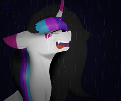 Size: 1827x1536 | Tagged: safe, artist:revenge.cats, oc, oc only, oc:azure song, alicorn, pony, crying, dark background, fangs, lineless, rain, screaming, solo, vent art