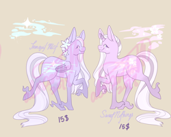 Size: 1280x1026 | Tagged: safe, artist:kirakiracalico, oc, oc only, pegasus, pony, unicorn, colored hooves, duo, eyelashes, female, flower, flower in hair, hoof fluff, horn, mare, obtrusive watermark, pegasus oc, raised hoof, simple background, smiling, unicorn oc, watermark, wings