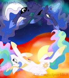Size: 1080x1209 | Tagged: safe, artist:t.w.magicsparkel.9, princess celestia, princess luna, alicorn, pony, g4, duo, female, flying, full moon, glowing horn, hoof shoes, horn, jewelry, mare, moon, night, peytral, siblings, sisters, stars, sun, tiara, wings