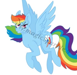 Size: 1018x1002 | Tagged: safe, alternate version, artist:t.w.magicsparkel.9, rainbow dash, pegasus, pony, g4, eyelashes, female, flying, mare, obtrusive watermark, simple background, smiling, smirk, solo, watermark, white background, wings