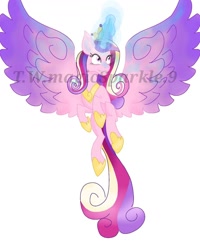 Size: 1040x1300 | Tagged: safe, artist:t.w.magicsparkel.9, princess cadance, pony, g4, eyelashes, female, flying, glowing horn, hoof shoes, horn, jewelry, looking at something, mare, obtrusive watermark, peytral, simple background, solo, spread wings, tiara, watermark, white background, wings