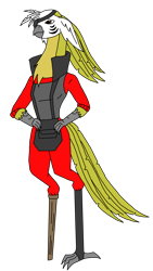Size: 2304x4096 | Tagged: safe, artist:agdapl, bird, parrot, anthro, amputee, clothes, crossover, demoman, demoman (tf2), eyepatch, female, hand on hip, peg leg, prosthetic leg, prosthetic limb, prosthetics, rule 63, simple background, solo, species swap, team fortress 2, transparent background
