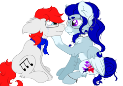 Size: 2150x1512 | Tagged: safe, artist:sajimex, oc, oc only, oc:apex soundwave, oc:hajime, earth pony, pegasus, pony, clothes, comforting, crying, earth pony oc, female, fluffy, frown, glasses, hat, looking at each other, male, mare, oc x oc, pegasus oc, reference used, sad, scarf, shipping, simple background, sitting, smiling, stallion, straight, transparent background