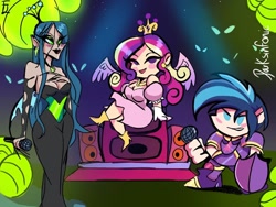 Size: 1024x768 | Tagged: safe, artist:darksinfonic, princess cadance, queen chrysalis, shining armor, changeling, changeling queen, human, g4, breasts, crossover, cute, female, friday night funkin', humanized, light show, microphone, singing, speaker, winged humanization, wings