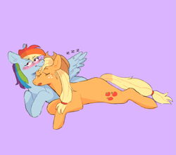 Size: 871x770 | Tagged: safe, artist:vampurin, applejack, rainbow dash, earth pony, pegasus, pony, g4, blushing, eyes closed, female, freckles, hat, head on shoulder, leaning on someone, lesbian, looking away, lying down, mare, one wing out, onomatopoeia, open mouth, purple background, ship:appledash, shipping, simple background, sleeping, sound effects, spread wings, stretched, sweat, sweatdrop, wavy mouth, wings, zzz
