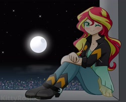 Size: 4096x3333 | Tagged: safe, artist:kittyrosie, sunset shimmer, equestria girls, g4, blushing, breasts, cleavage, cute, female, full moon, high res, human coloration, looking at you, moon, night, one eye closed, shimmerbetes, smiling, solo, wink