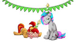 Size: 2560x1440 | Tagged: source needed, safe, artist:mysticalpha, oc, oc only, oc:primepeak, oc:vapourwave, pegasus, pony, cake, food, hat, party hat, simple background, white background