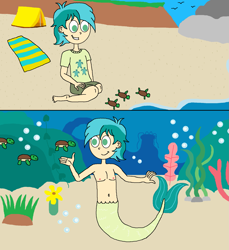 Size: 1659x1812 | Tagged: safe, artist:ocean lover, sandbar, human, merboy, merman, turtle, g4, beach, belly button, boulder, bubble, cliff, clothes, coral, flower, human coloration, humanized, male, mermaidized, mermanized, rock, sea turtle, seaweed, shirt, shorts, species swap, swimming, t-shirt, tail, teenager, towel, underwater