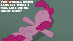 Size: 1280x720 | Tagged: safe, edit, edited screencap, editor:quoterific, screencap, pinkie pie, earth pony, pony, g4, season 3, too many pinkie pies, belly, female, lying down, mare, nose in the air, smiling, solo, sugarcube corner