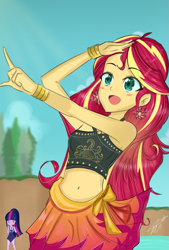 Size: 1181x1748 | Tagged: safe, artist:namieart, sci-twi, sunset shimmer, twilight sparkle, equestria girls, g4, my little pony equestria girls: better together, bare shoulders, belly button, bikini, clothes, duo, duo female, female, pointing, sarong, sleeveless, solo focus, summer, swimsuit