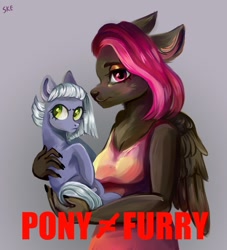 Size: 1000x1100 | Tagged: safe, artist:ske, limestone pie, oc, earth pony, pony, anthro, g4, breasts, duo, female, furry, furry oc, holding a pony, wings