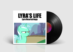 Size: 2400x1700 | Tagged: safe, artist:craftybrony, artist:poniesmemes, artist:tardifice, derpibooru exclusive, lyra heartstrings, pony, unicorn, g4, female, high res, impact font, mare, parody, photoshop, ponified, ponified album cover, solo, vinyl disc