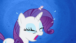 Size: 1280x720 | Tagged: safe, editor:rarity vrymer collective, screencap, rarity, sweetie belle, pony, unicorn, for whom the sweetie belle toils, g4, season 4, crying, duo, duo female, eyes closed, female, imminent vore, macro/micro, open mouth, running