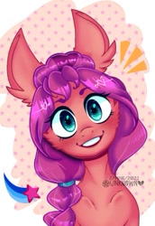 Size: 389x567 | Tagged: safe, artist:theunknownlem0n, sunny starscout, earth pony, pony, g5, abstract background, blushing, braid, cheek fluff, cute, ear fluff, female, heart, looking at you, lowres, mare, smiling, solo, stars, sunnybetes