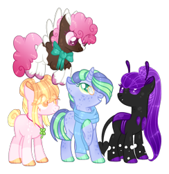 Size: 1434x1468 | Tagged: safe, artist:lilywolfpie, oc, oc only, changeling, earth pony, pegasus, pony, unicorn, female, mare, purple changeling, simple background, transparent background