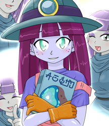 Size: 1280x1480 | Tagged: safe, alternate version, artist:batipin, kimberlite, maud pie, equestria girls, g4, book, breasts, clothes, duo, female, freckles, gloves, one eye closed, open mouth, solo focus