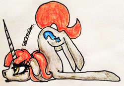 Size: 1959x1357 | Tagged: safe, artist:beamybutt, oc, oc only, pony, unicorn, eyelashes, face down ass up, female, horn, mare, solo, traditional art, unicorn oc