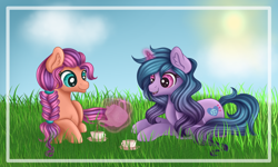 Size: 2000x1200 | Tagged: safe, artist:mlp-melodymark, izzy moonbow, sunny starscout, earth pony, pony, unicorn, g5, braid, cloud, cup, drink, duo, ear fluff, female, grass, magic, mare, open mouth, plate, pouring, sky, smiling, teapot, telekinesis