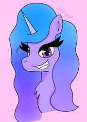 Size: 720x1003 | Tagged: safe, artist:bluetifulyt, izzy moonbow, pony, unicorn, g5, bust, chest fluff, eyelashes, female, gradient background, grin, looking at you, mare, portrait, signature, smiling, solo, teeth