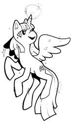 Size: 483x810 | Tagged: safe, artist:aa-ko-sama, twilight sparkle, alicorn, pony, g4, female, flying, glowing horn, horn, lineart, looking back, mare, monochrome, simple background, solo, twilight sparkle (alicorn), white background, wings