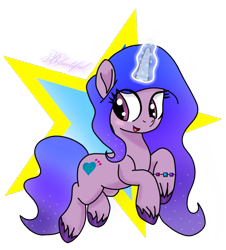 Size: 720x796 | Tagged: safe, artist:bluetifulyt, izzy moonbow, pony, unicorn, g5, blushing, bracelet, female, glowing horn, horn, jewelry, looking away, lowres, mare, open mouth, raised hoof, signature, simple background, solo, stars, transparent background, unshorn fetlocks