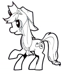 Size: 1256x1468 | Tagged: safe, artist:aa-ko-sama, applejack, earth pony, pony, g4, eyelashes, freckles, hat, lineart, monochrome, raised tail, simple background, smiling, solo, tail, white background