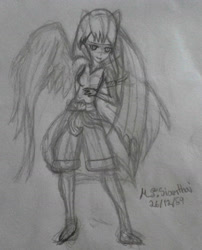 Size: 1412x1746 | Tagged: safe, artist:mudmee-thai, oc, oc only, human, clothes, female, humanized, lineart, shorts, signature, sketch, smiling, solo, traditional art, winged humanization, wings
